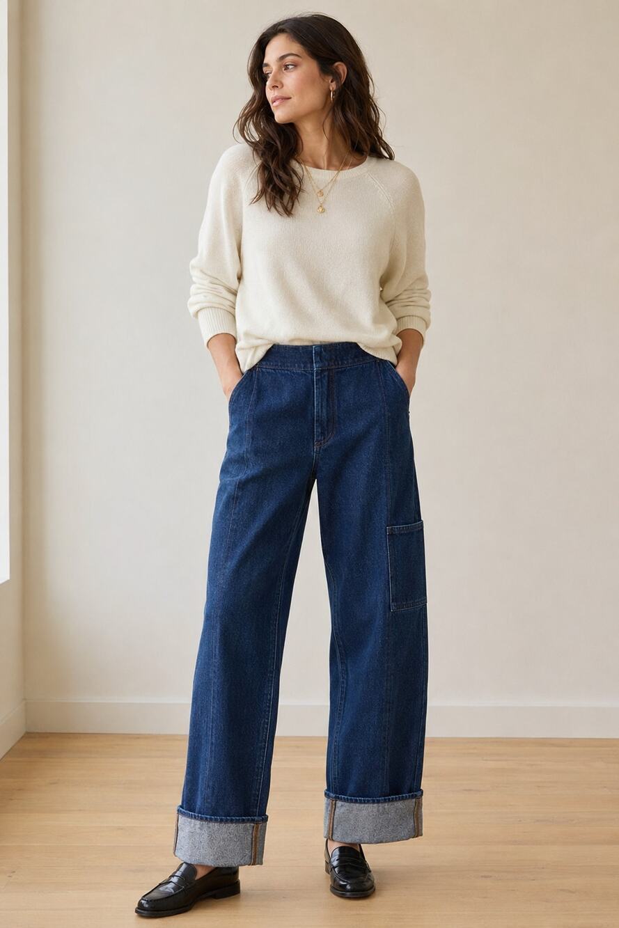 J.Crew Rigid Low Rise Wide Leg Jeans Womens 26 Dark Wash Cuffed Hem 100% Cotton